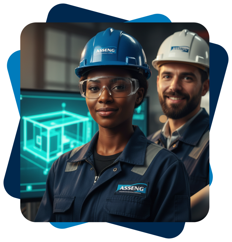 Engenheira com capacete azul e engenheiro com capacete branco da ASSENG sorrindo
